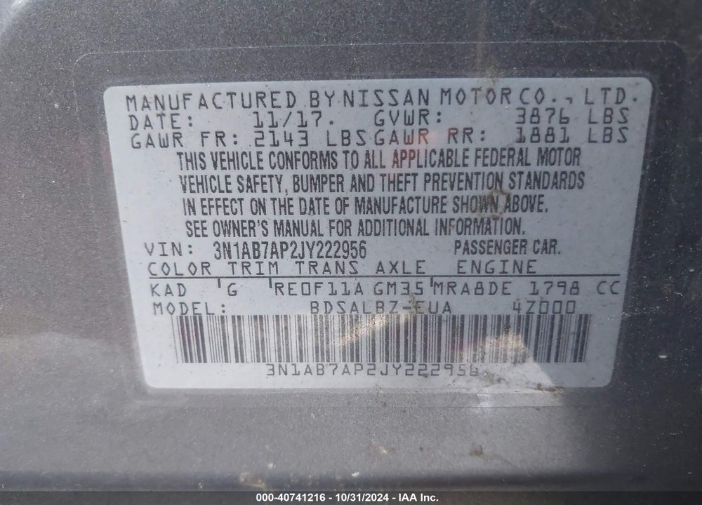 2018 NISSAN SENTRA S VIN: 3N1AB7AP2JY222956