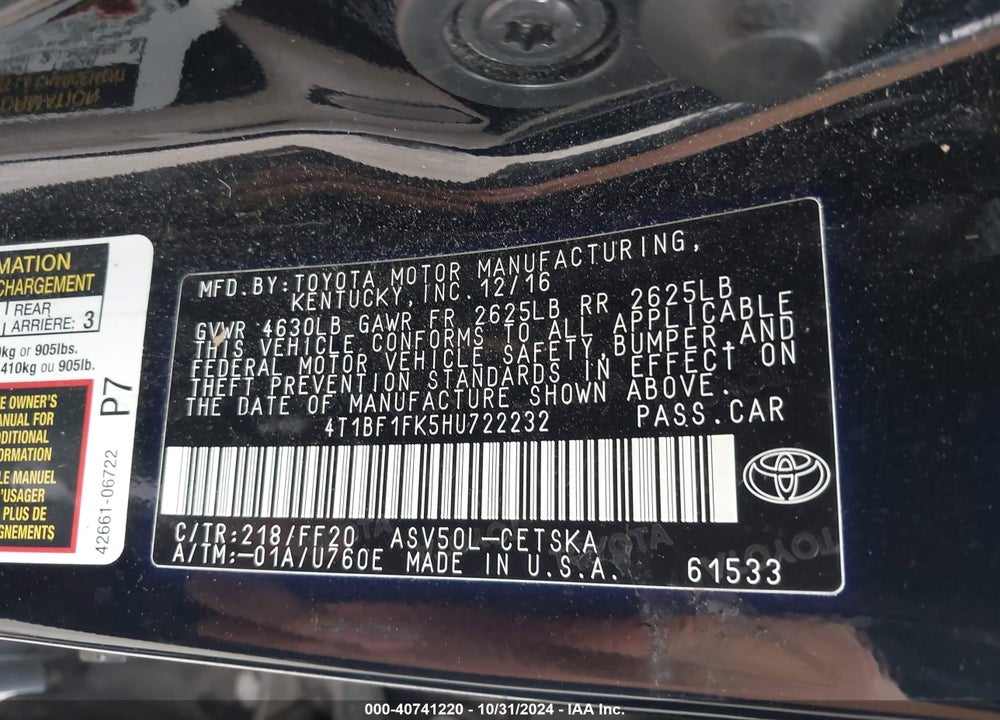 2017 TOYOTA CAMRY SE VIN: 4T1BF1FK5HU722232