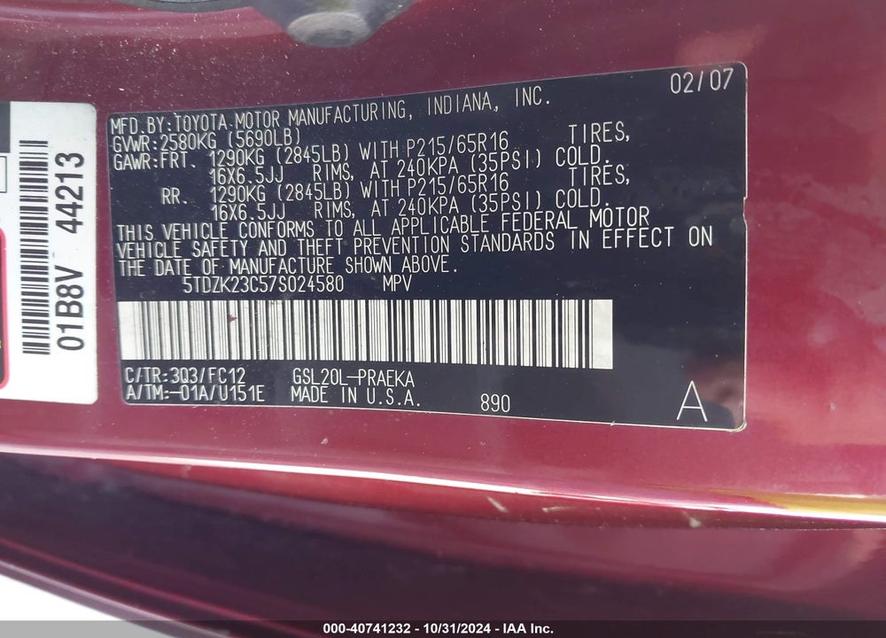 2007 TOYOTA SIENNA LE VIN: 5TDZK23C57S024580