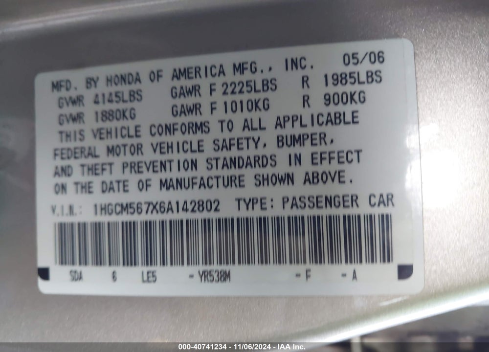 2006 HONDA ACCORD 2.4 EX VIN: 1HGCM567X6A142802
