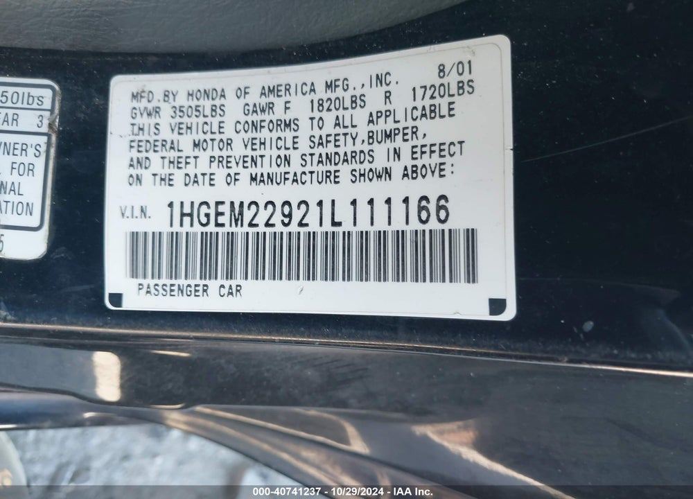 2001 HONDA CIVIC EX VIN: 1HGEM22921L111166