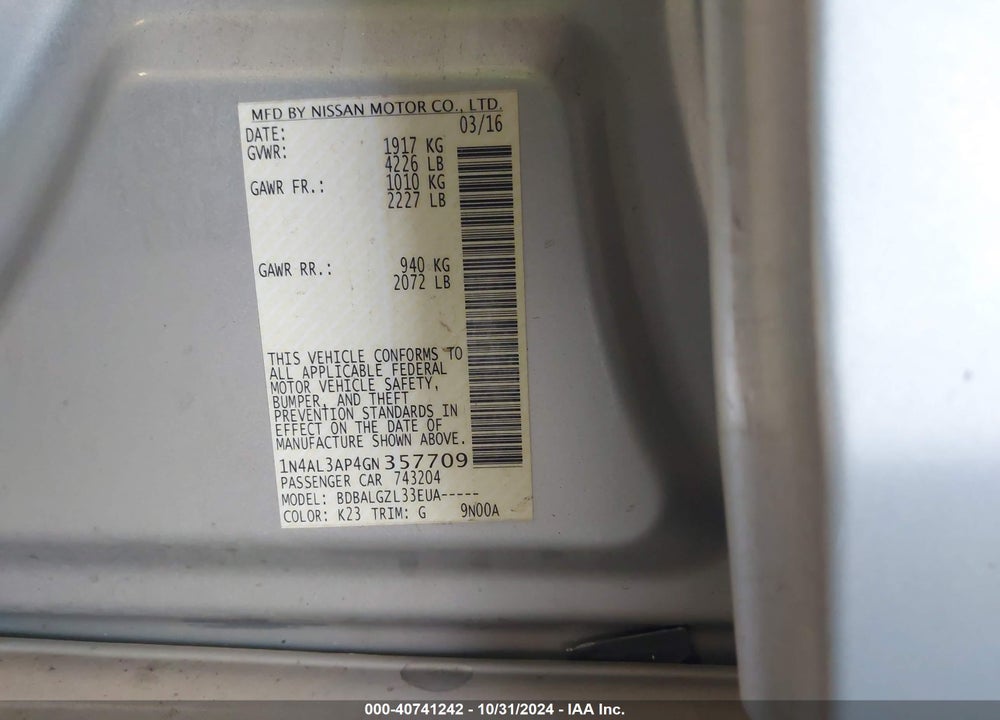 2016 NISSAN ALTIMA 2.5 S VIN: 1N4AL3AP4GN357709