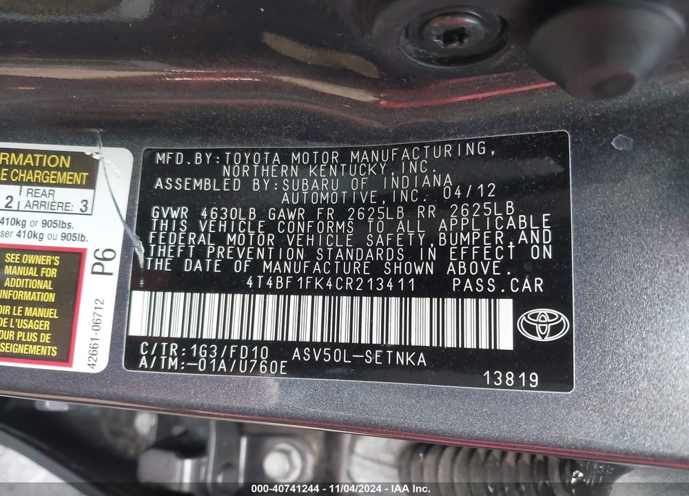 2012 TOYOTA CAMRY LE VIN: 4T4BF1FK4CR213411