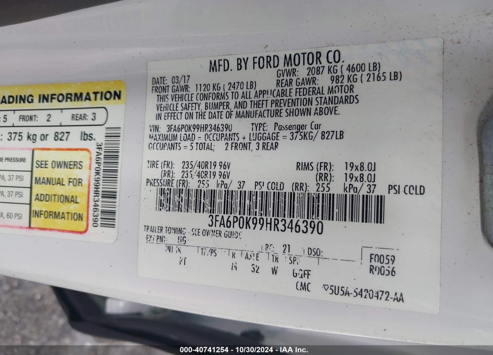 2017 FORD FUSION TITANIUM VIN: 3FA6P0K99HR346390