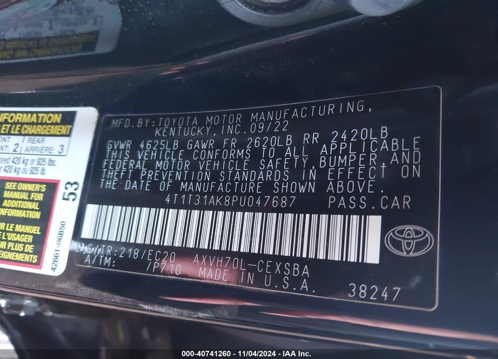 2023 TOYOTA CAMRY SE NIGHTSHADE EDITION HYBRID VIN: 4T1T31AK8PU047687