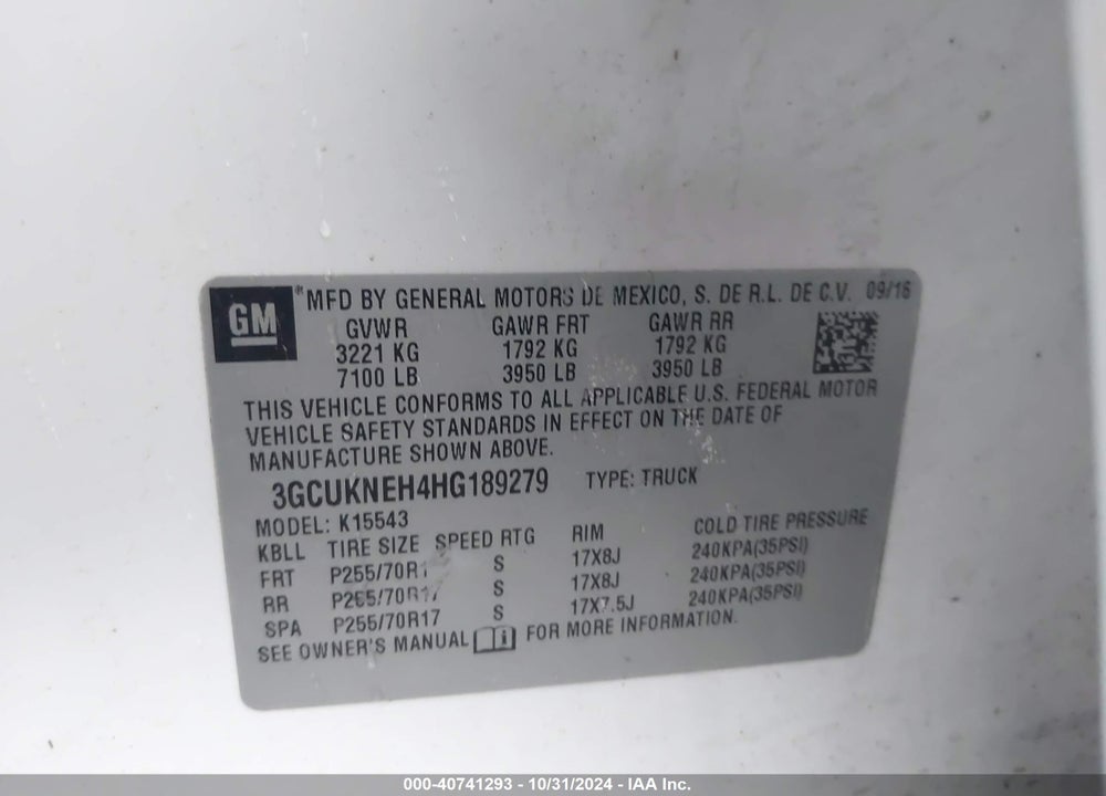 2017 CHEVROLET SILVERADO 1500 WT VIN: 3GCUKNEH4HG189279