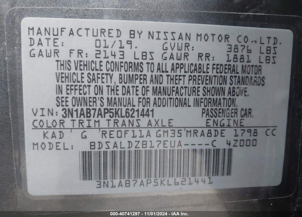 2019 NISSAN SENTRA SV VIN: 3N1AB7AP5KL621441