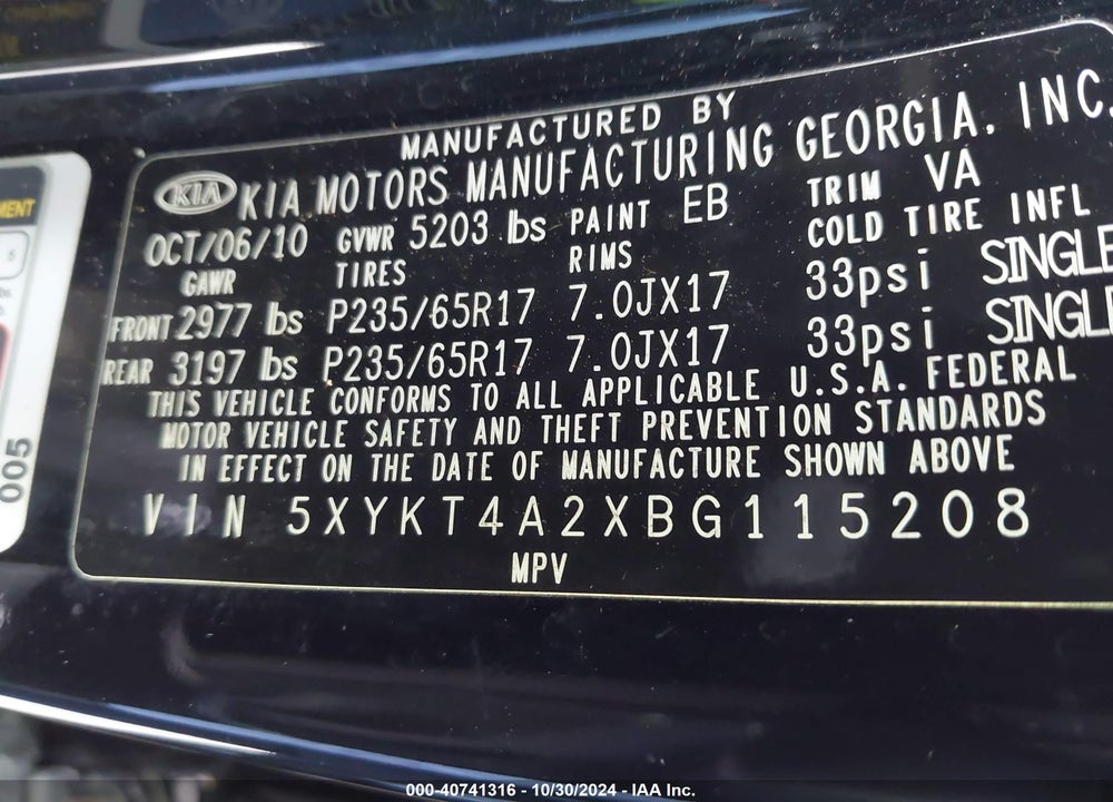 2011 KIA SORENTO LX V6 VIN: 5XYKT4A2XBG115208