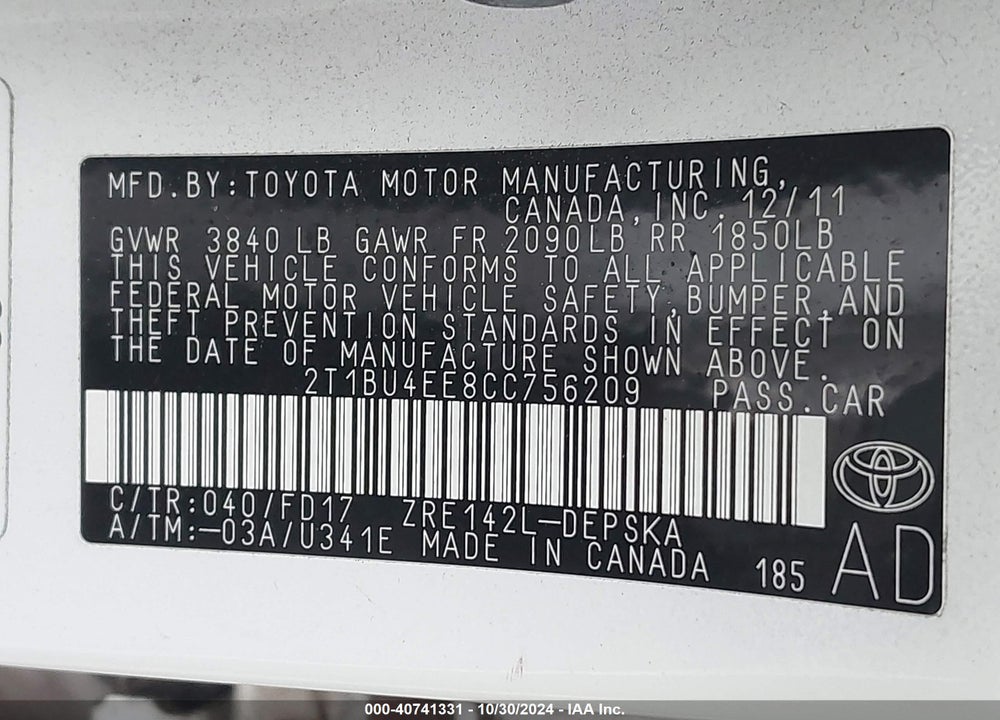 2012 TOYOTA COROLLA S VIN: 2T1BU4EE8CC756209