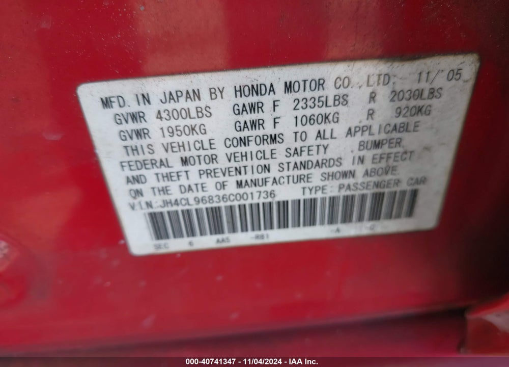 2006 ACURA TSX VIN: JH4CL96836C001736