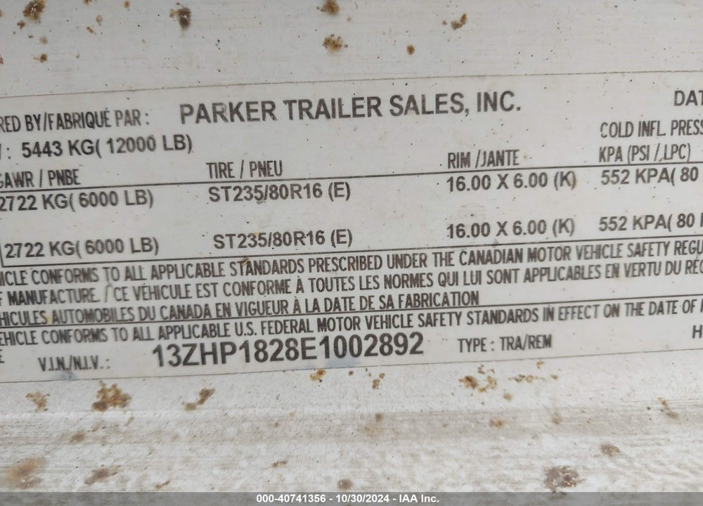 2014 PARK HP VIN: 13ZHP1828E1002892