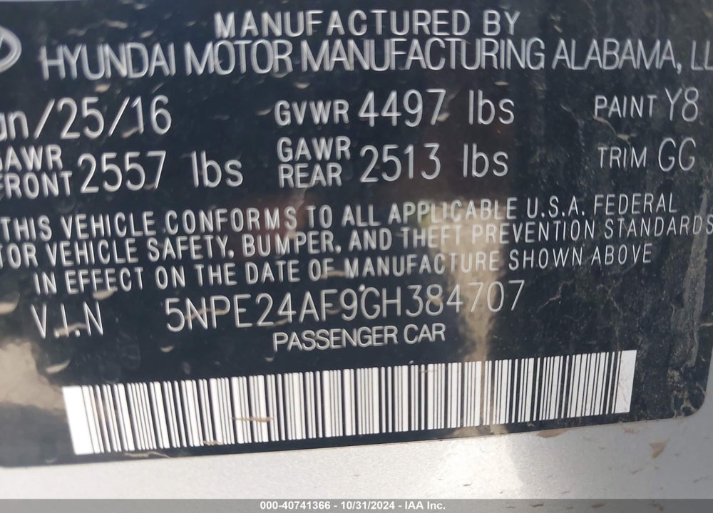 2016 HYUNDAI SONATA SE VIN: 5NPE24AF9GH384707