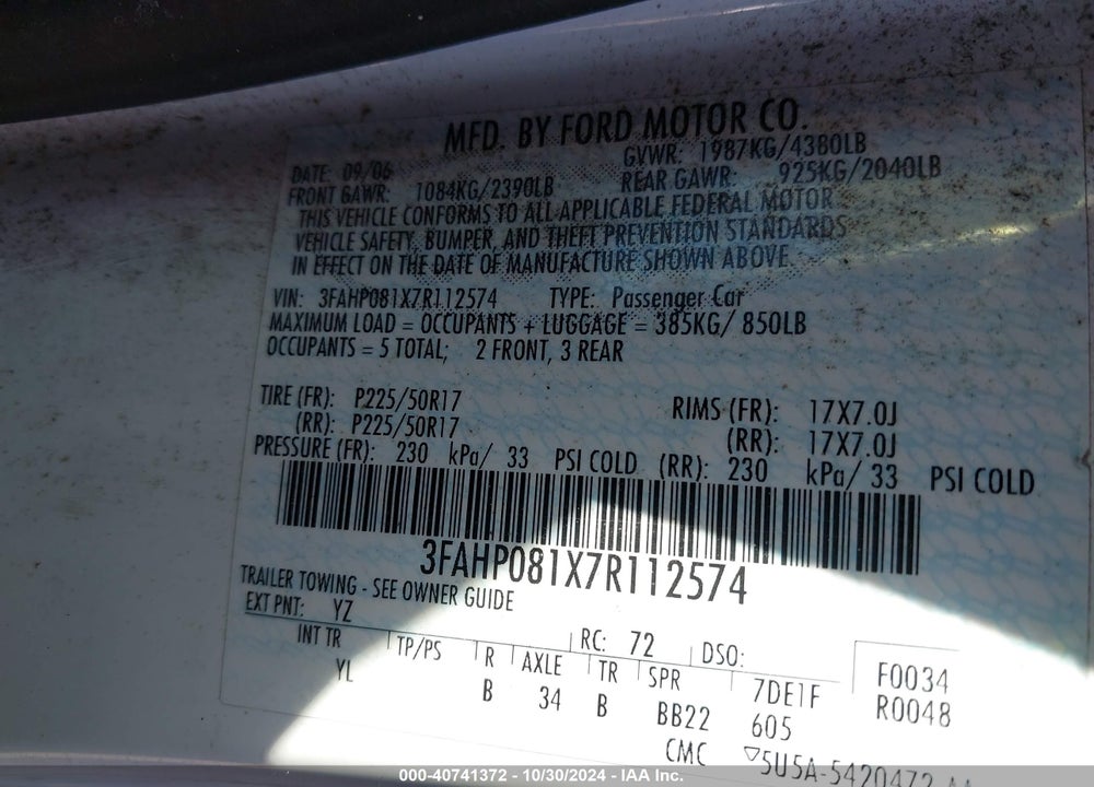 2007 FORD FUSION SEL VIN: 3FAHP081X7R112574