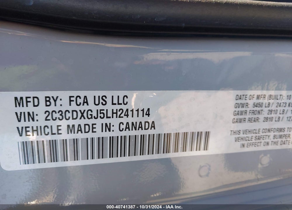 2020 DODGE CHARGER SCAT PACK RWD VIN: 2C3CDXGJ5LH241114