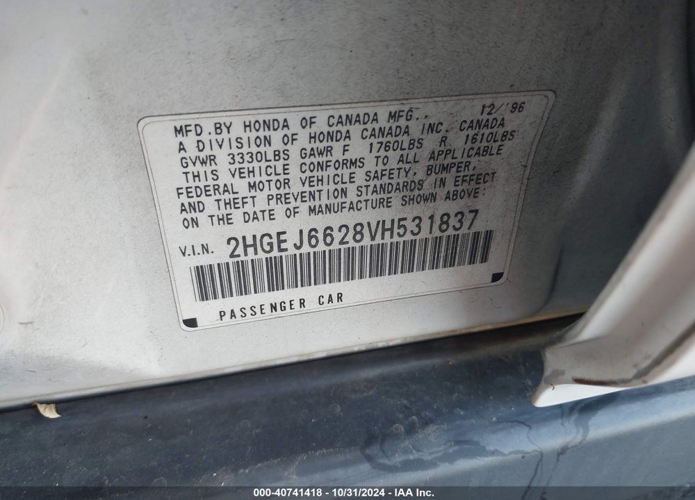 1997 HONDA CIVIC DX VIN: 2HGEJ6628VH531837