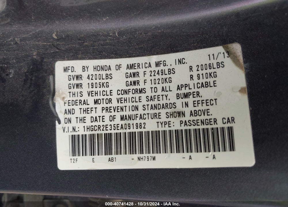 2014 HONDA ACCORD LX VIN: 1HGCR2E35EA091982