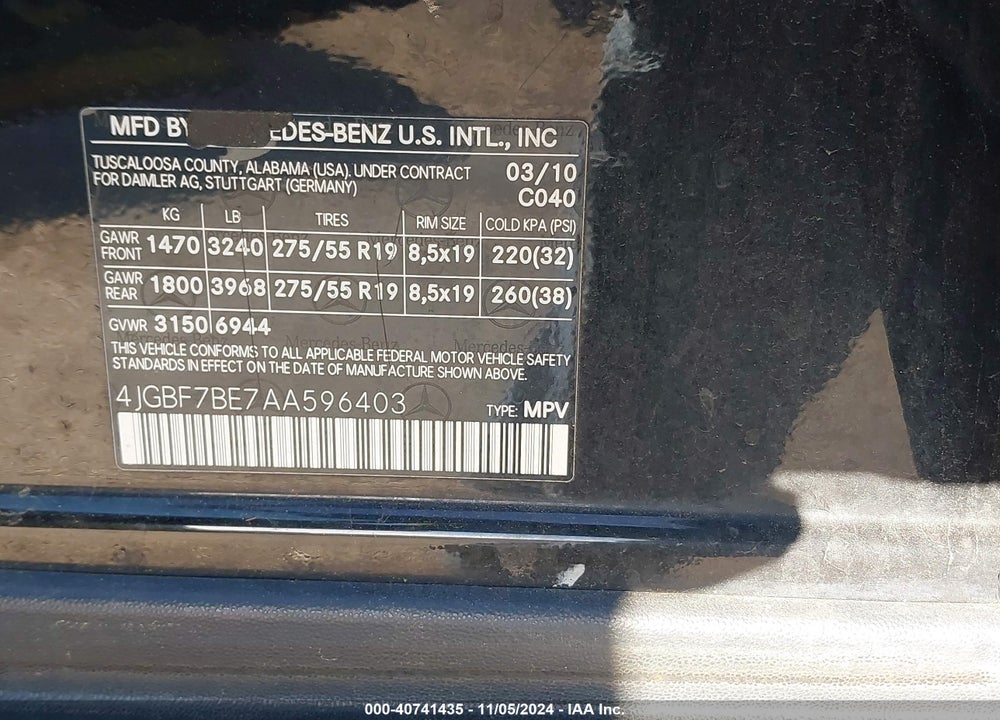 2010 MERCEDES-BENZ GL 450 4MATIC VIN: 4JGBF7BE7AA596403