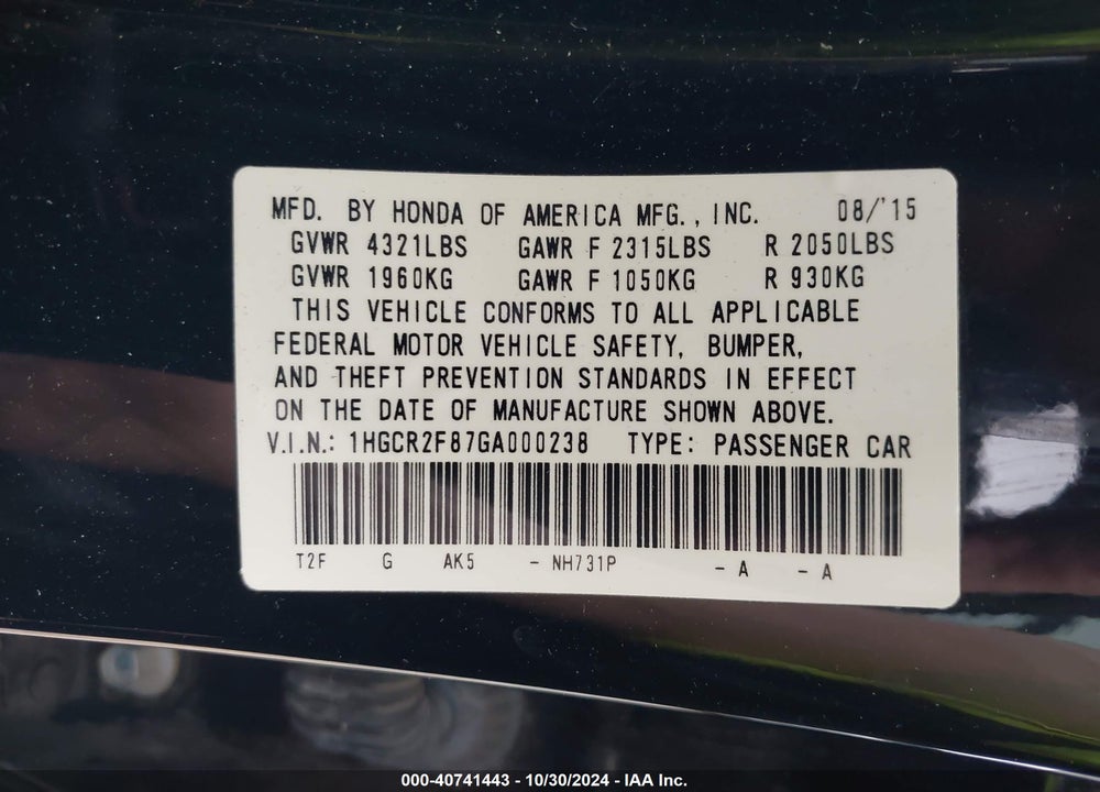 2016 HONDA ACCORD EX-L VIN: 1HGCR2F87GA000238