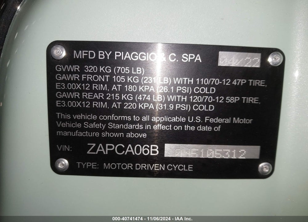 2022 VESPA PRIMAVERA/SPRINT 50 VIN: ZAPCA06B0N5105312