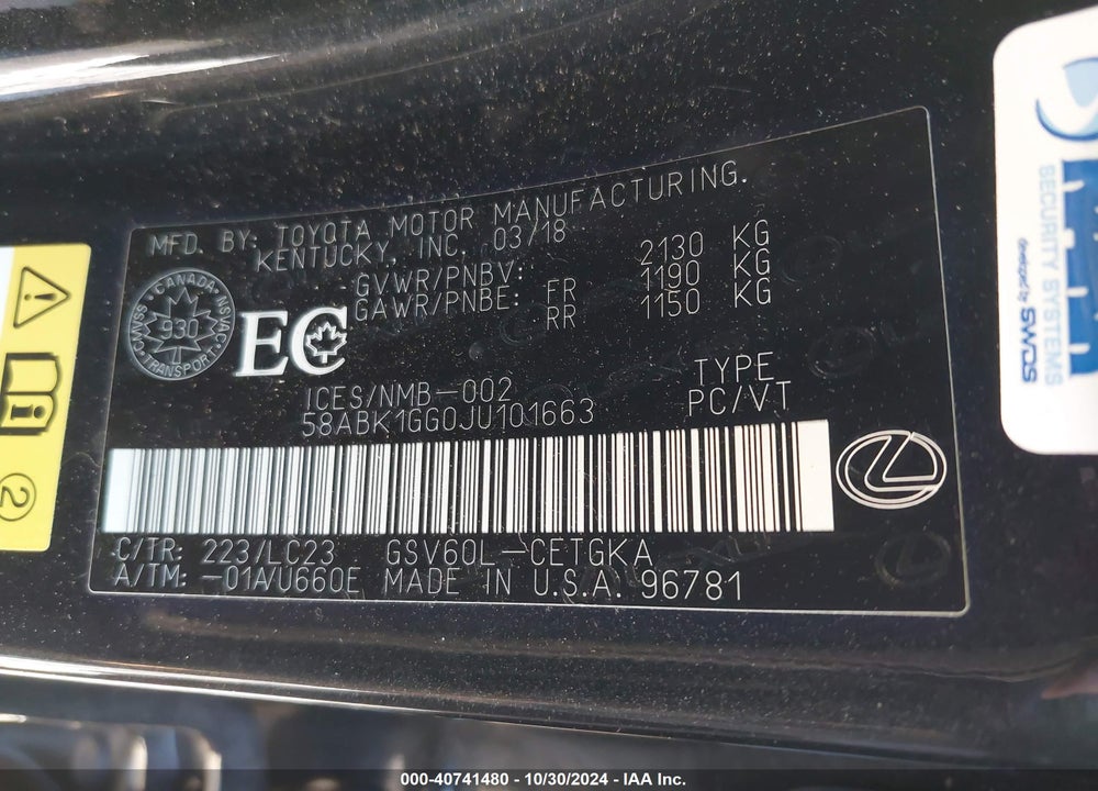 2018 LEXUS ES 350 VIN: 58ABK1GG0JU101663