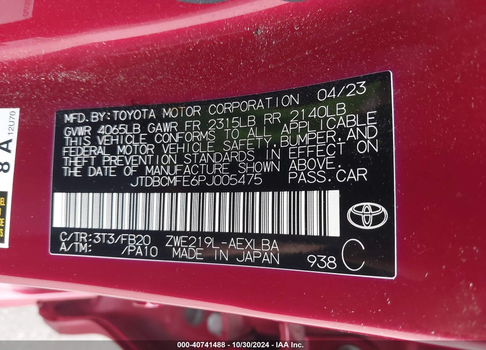 2023 TOYOTA COROLLA HYBRID LE VIN: JTDBCMFE6PJ005475