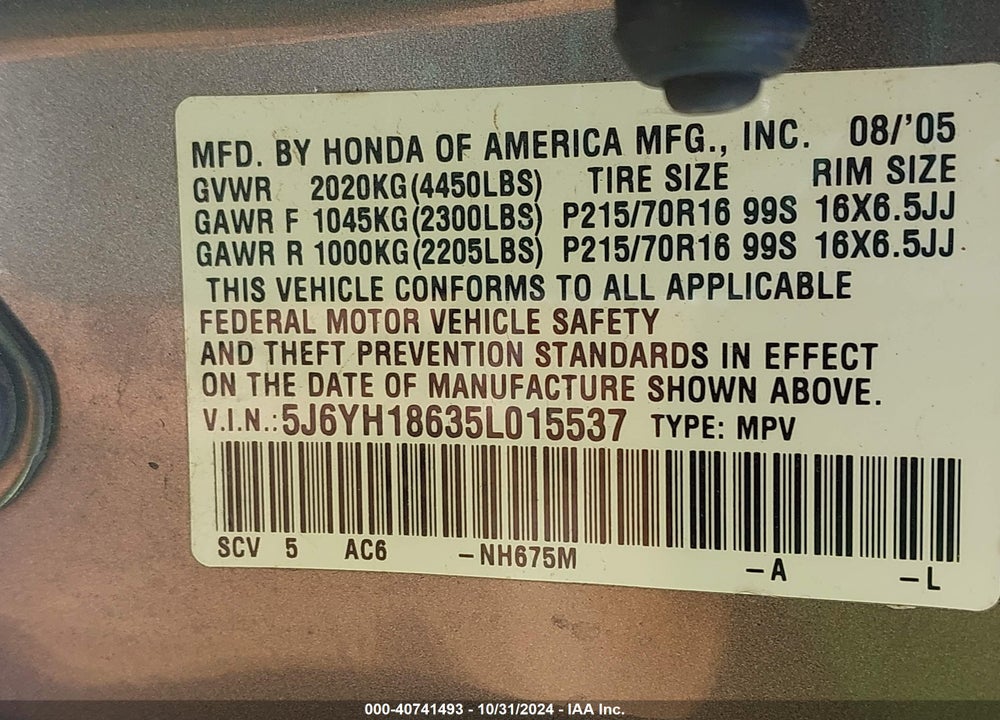 2005 HONDA ELEMENT EX VIN: 5J6YH18635L015537