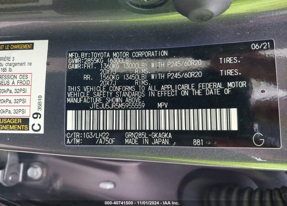 2021 TOYOTA 4RUNNER VIN: JTEJU5JR5M5955559