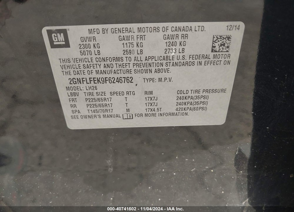 2015 CHEVROLET EQUINOX 1LT VIN: 2GNFLFEK9F6246762