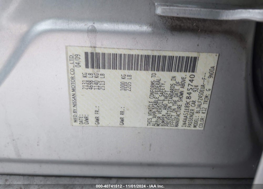 2009 NISSAN MAXIMA 3.5 SV VIN: 1N4AA51E89C845740