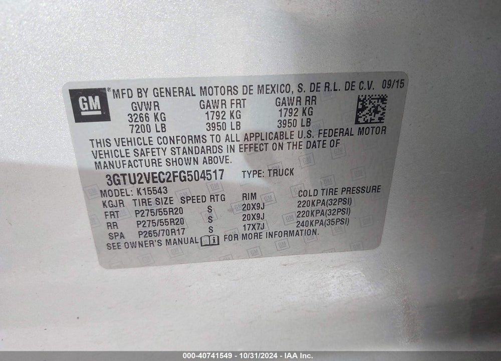 2015 GMC SIERRA 1500 SLT VIN: 3GTU2VEC2FG504517