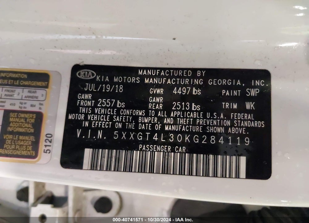 2019 KIA OPTIMA LX/S VIN: 5XXGT4L30KG284119