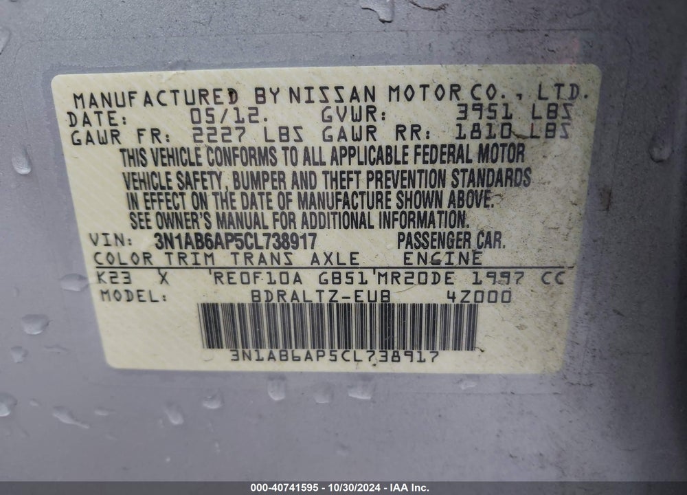 2012 NISSAN SENTRA VIN: 3N1AB6AP5CL738917