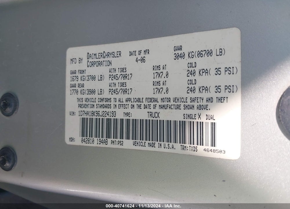 2006 DODGE RAM 1500 ST VIN: 1D7HA18K96J224193