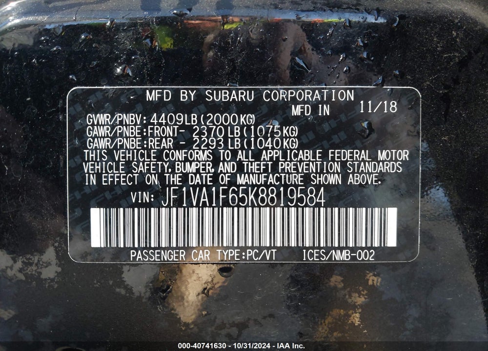 2019 SUBARU WRX PREMIUM VIN: JF1VA1F65K8819584