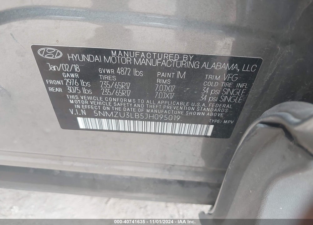 2018 HYUNDAI SANTA FE SPORT 2.4L VIN: 5NMZU3LB5JH095019