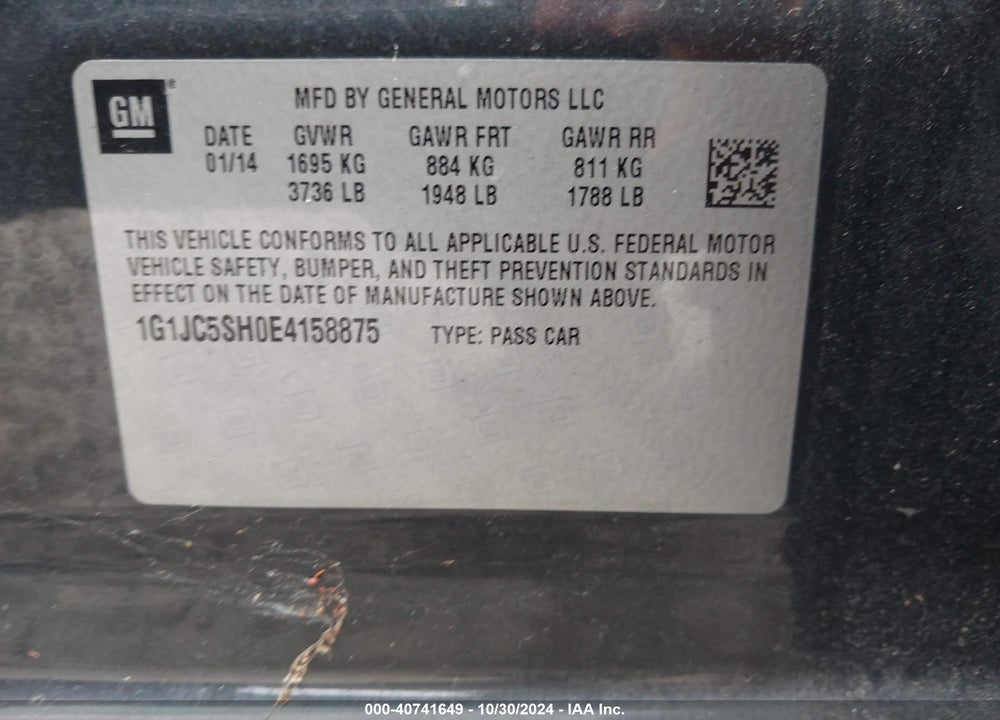 2014 CHEVROLET SONIC LT AUTO VIN: 1G1JC5SH0E4158875