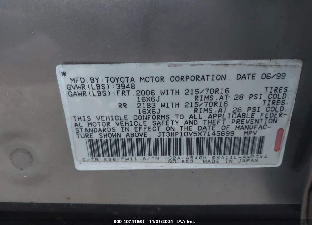 1999 TOYOTA RAV4 VIN: JT3HP10V5X7145699