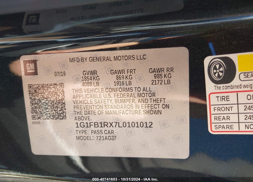 2020 CHEVROLET CAMARO RWD 1LS VIN: 1G1FB1RX7L0101012
