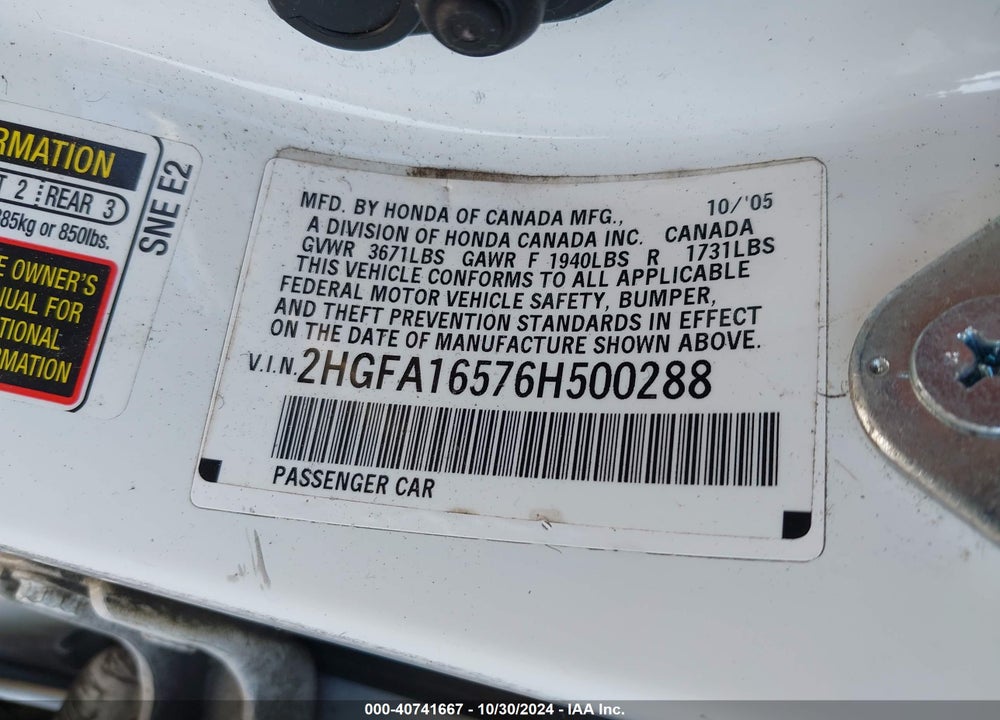 2006 HONDA CIVIC LX VIN: 2HGFA16576H500288
