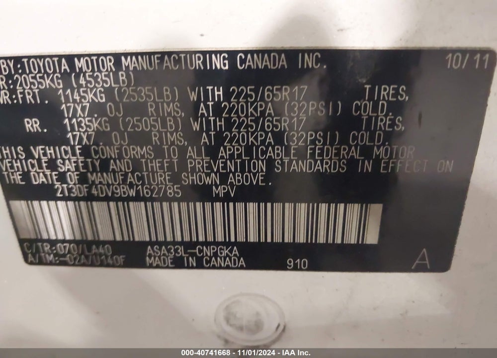 2011 TOYOTA RAV4 LIMITED VIN: 2T3DF4DV9BW162785