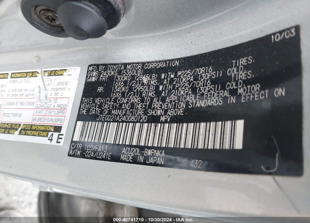 2004 TOYOTA HIGHLANDER VIN: JTEGD21A240080120