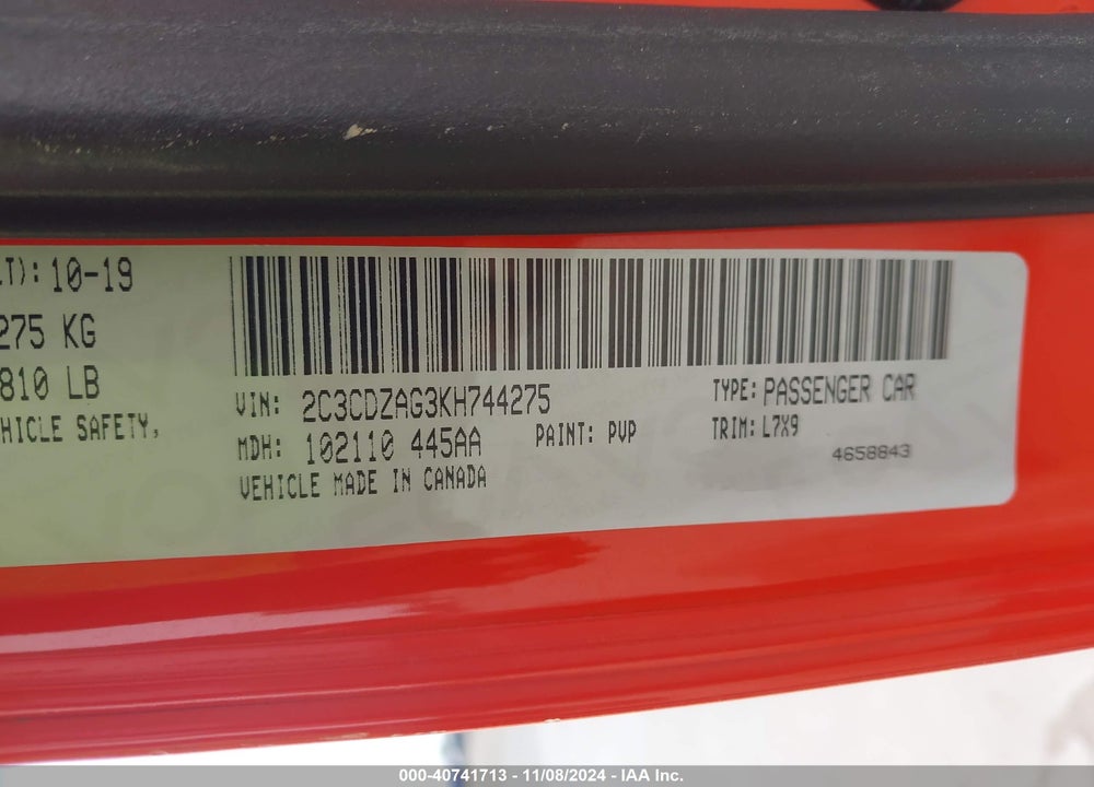 2019 DODGE CHALLENGER SXT VIN: 2C3CDZAG3KH744275