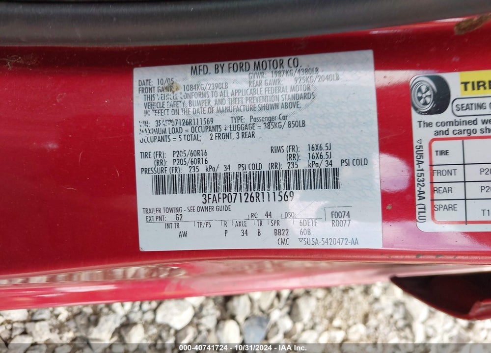 2006 FORD FUSION SE VIN: 3FAFP07126R111569