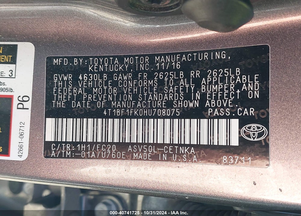 2017 TOYOTA CAMRY LE VIN: 4T1BF1FK0HU708075