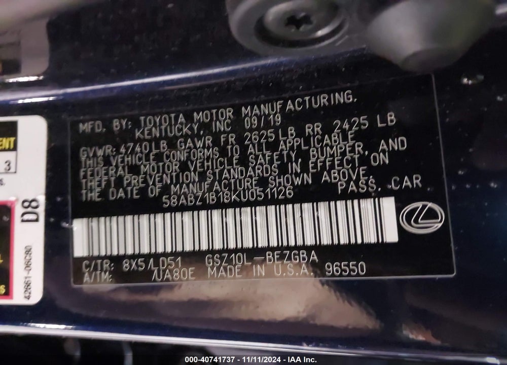 2019 LEXUS ES 350 VIN: 58ABZ1B18KU051126