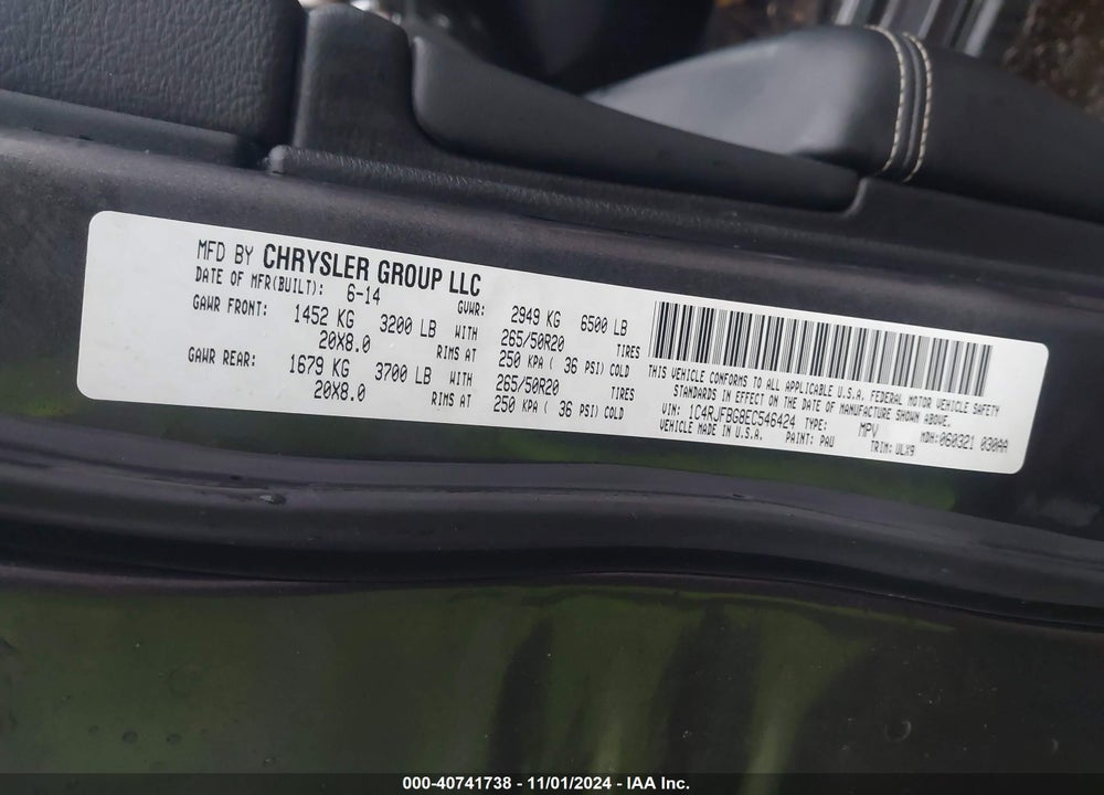 2014 JEEP GRAND CHEROKEE LIMITED VIN: 1C4RJFBG8EC546424