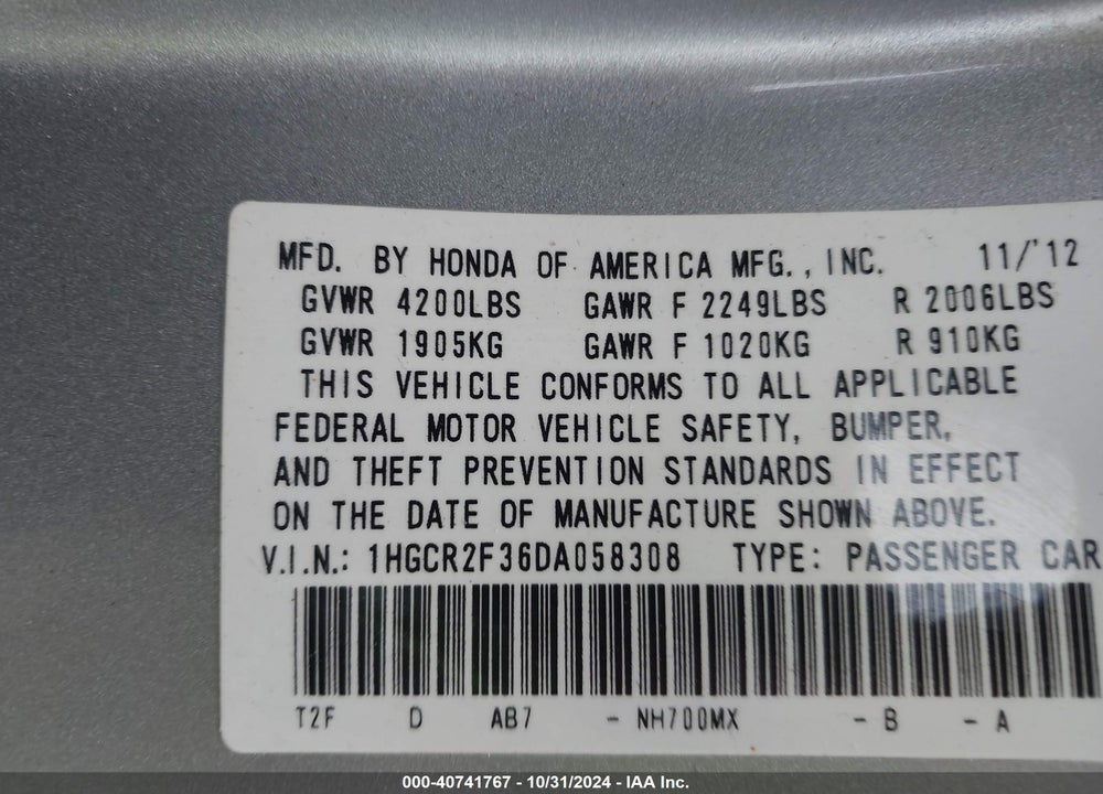 2013 HONDA ACCORD LX VIN: 1HGCR2F36DA058308