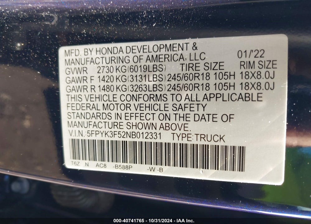 2022 HONDA RIDGELINE RTL VIN: 5FPYK3F52NB012331