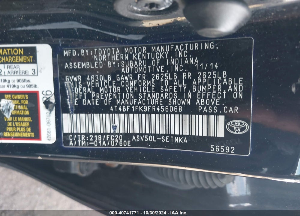 2015 TOYOTA CAMRY VIN: 4T4BF1FK9FR456068