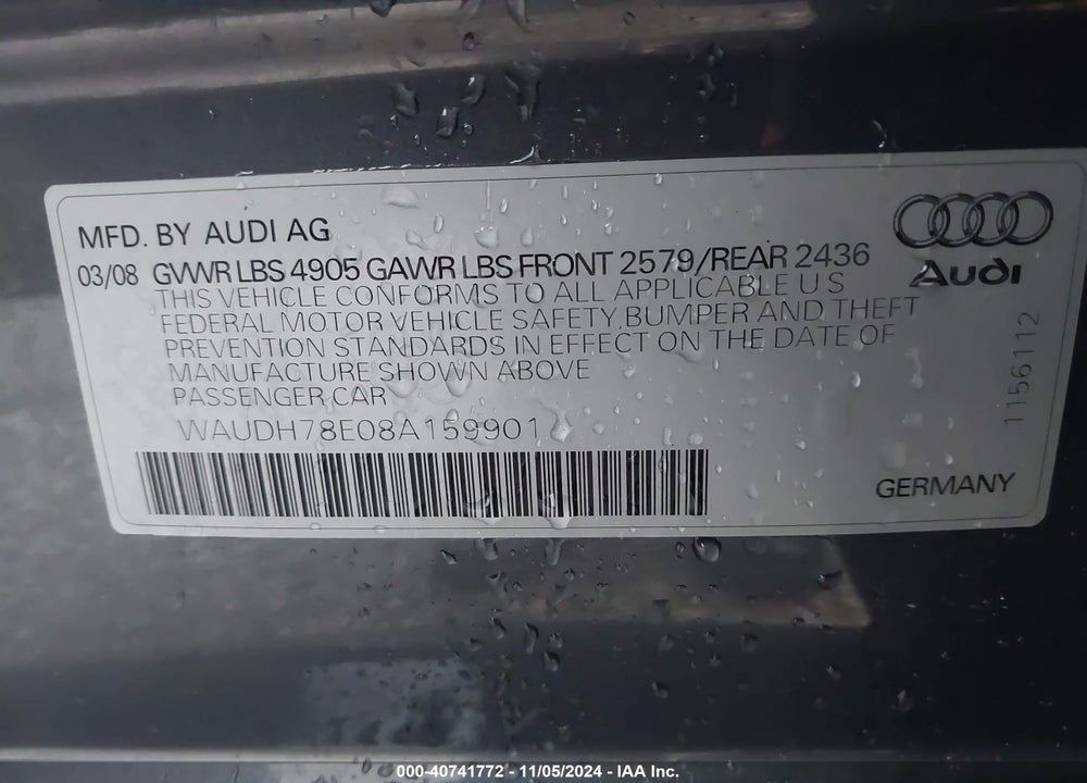 2008 AUDI A4 3.2 VIN: WAUDH78E08A159901